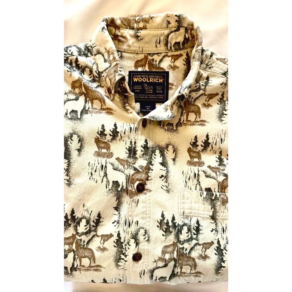 Woolrich John Rich & Bros Mens Medium Wolf Nature Print Button Down Shirt Cream
